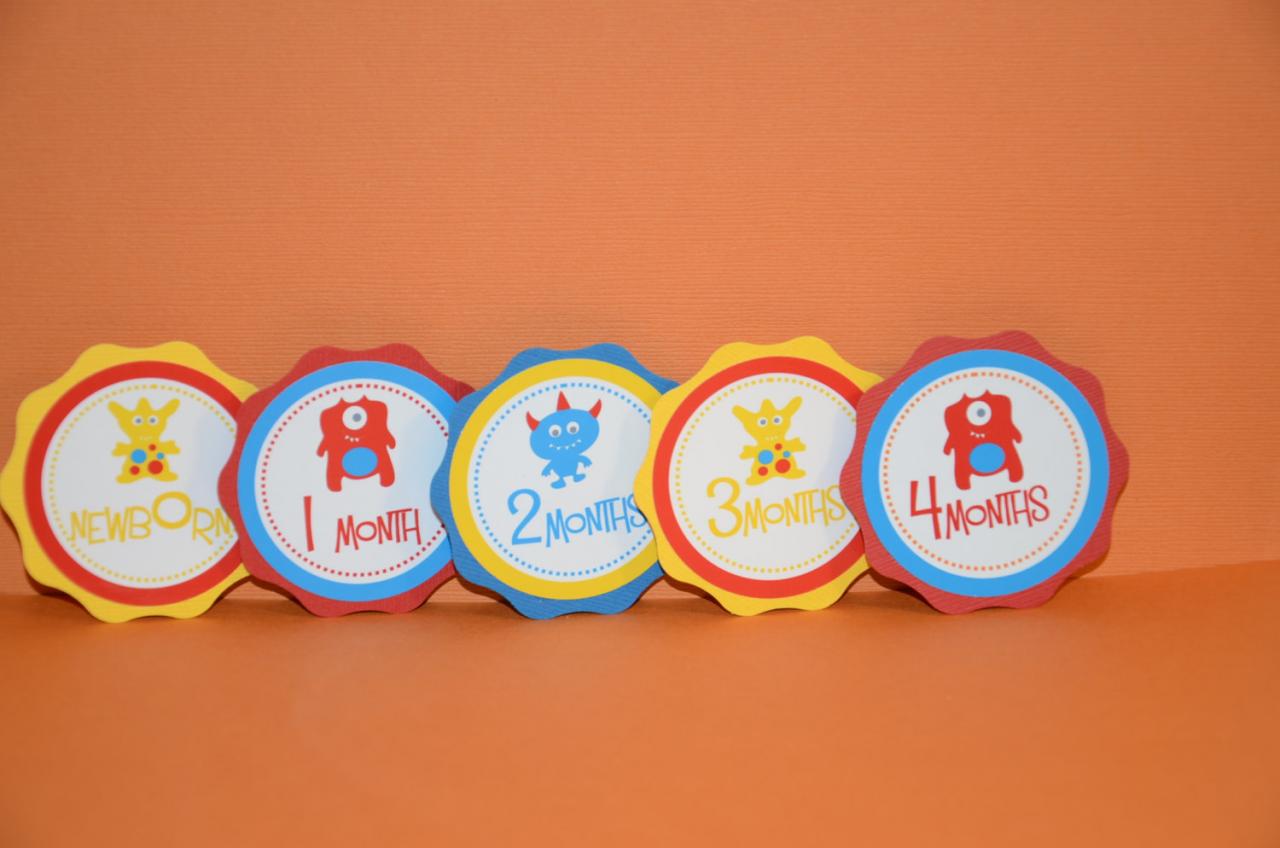 First Year Photo Clips, First Year Banner, Monster Birthday Party, Red, Blue And Yellow
