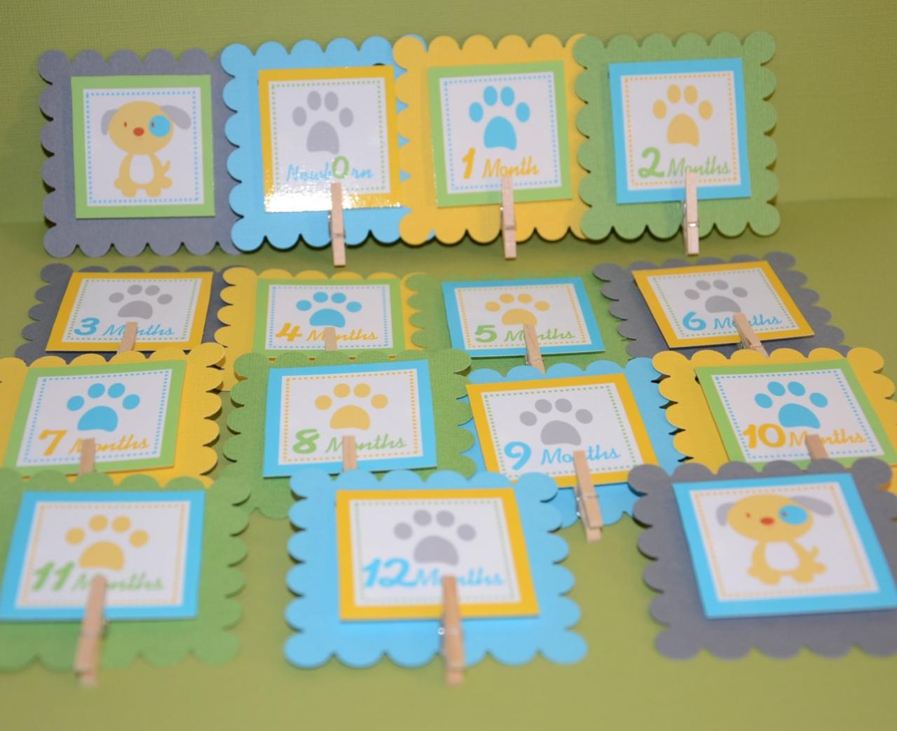 First Year Photo Clips, First Year Banner, Dog Theme, Yellow, Turquoise Blue, Green And Light Grey