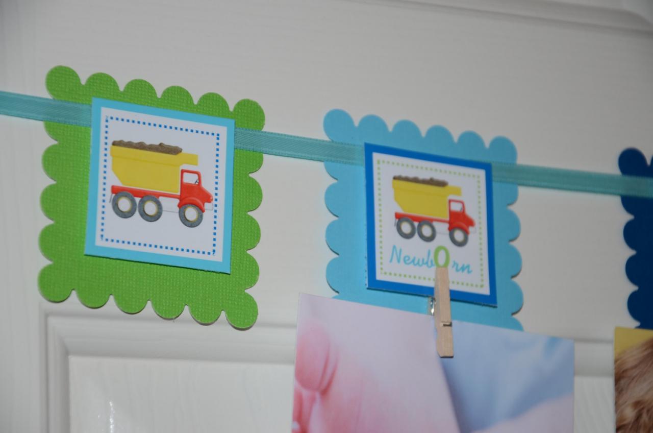 First Year Photo Clips, First Year Banner, Dump Truck Construction Theme, Green, Light Blue And Dark Blue Color.